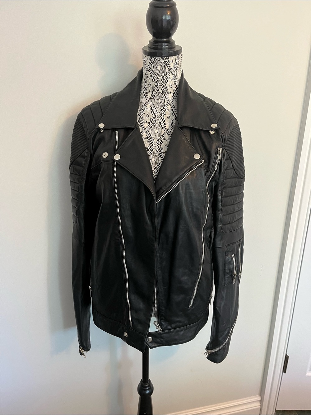 Women's Black Quilted-Sleeve Leather Moto Jacket